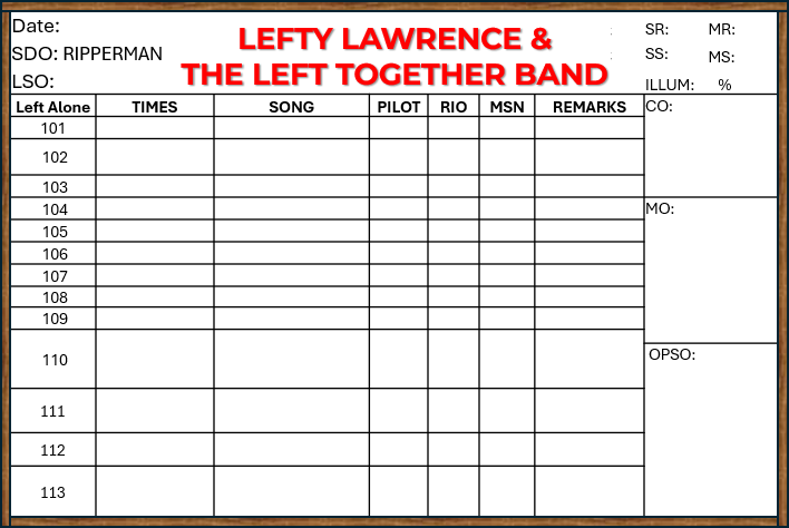 Lefty Lawrence and The Left Together Band Ready Room status board