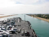 USS George Washington flight deck and commercial traffic during the Suez Canal transit