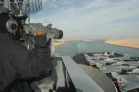 Seaman John Hull standing lookout watch aboard USS George Washington during the Suez Canal transit