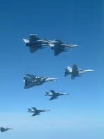 VFA-131 Wildcats Hornet AG-405, VF-143 Pukin' Dogs Tomcat AG-103 (161421), 3x Rafale M, 2x Super Étendard Modernisé underside shot