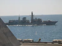 HMS Grafton (F80), Royal Navy Type 23 frigate behind Catapult 4 Jet Blast Deflector (JBD)