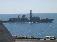 HMS Grafton (F80), Royal Navy Type 23 frigate behind Catapult 4 Jet Blast Deflector (JBD)