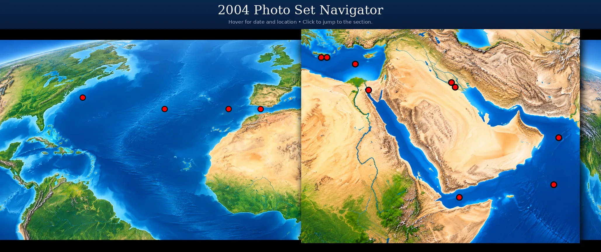 2004 Photo Set Navigator map spanning the North Atlantic, Mediterranean, and Suez Canal, with photo-set location markers and a magnified Persian Gulf inset.