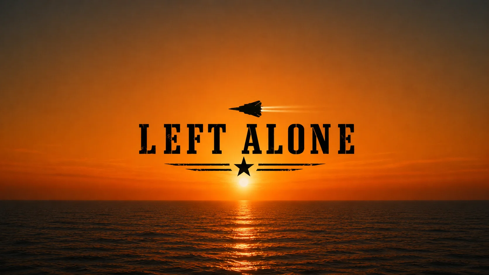 Left Alone banner with sunset over the ocean and aircraft silhouette